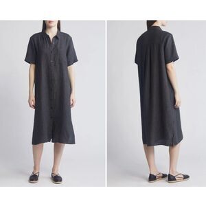 Eileen Fisher 100% Linen Blue Classic Collar Midi Shirtdress Size M